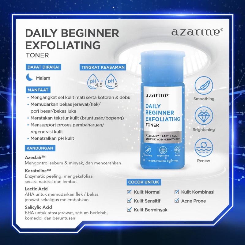 AZARINE Toner All Series Indonesia / Multi Acids Glowing Moisture Rich Hydrating Daily Beginner Exfoliating Mild Purifying / C White Blemish Rescue Easy / Facial Wash Essence Serum Ampoule Day Night Eye Cream Sunscreen Mask Masker Lip Nail Hair Acne Face