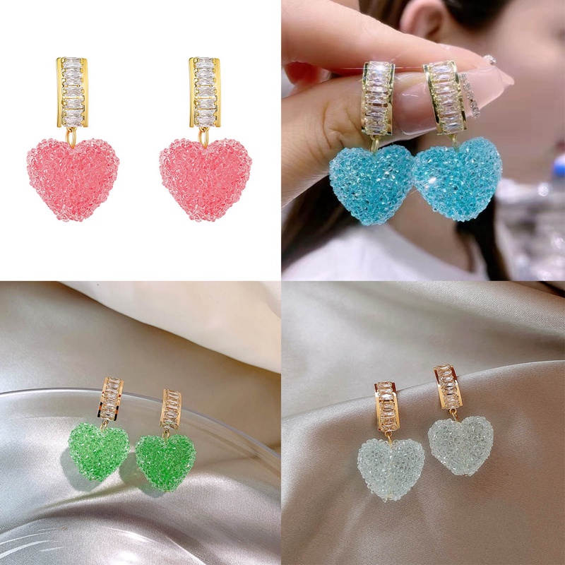 Anting Juntai Bentuk Hati Warna Pink Aksen Kristal Untuk Wanita