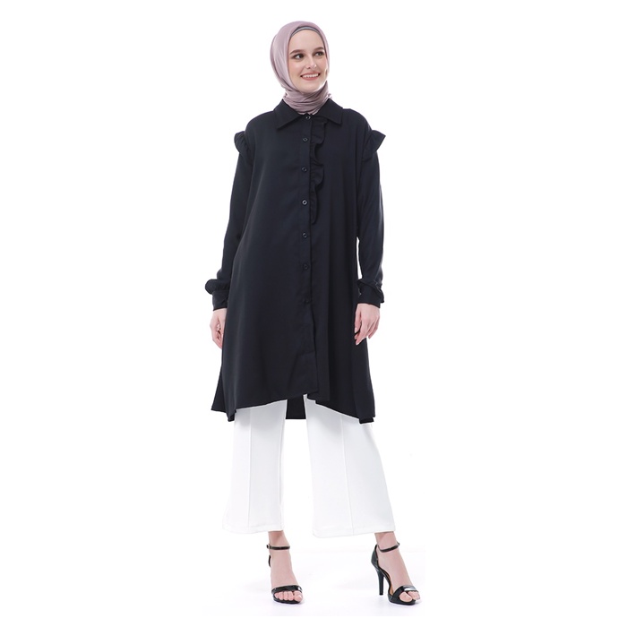 Zemira Tunik Atasan Wanita Motif Polos Long Sleeve - Hitam