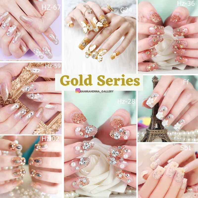 isi 24 pcs+FREE LEM !! 3D kuku palsu wedding GOLD SERIES