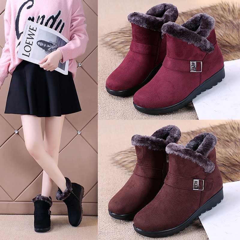 Boots winter wanita import  sepatu musim dingin hangat bulu murah black hitam empuk Fitri