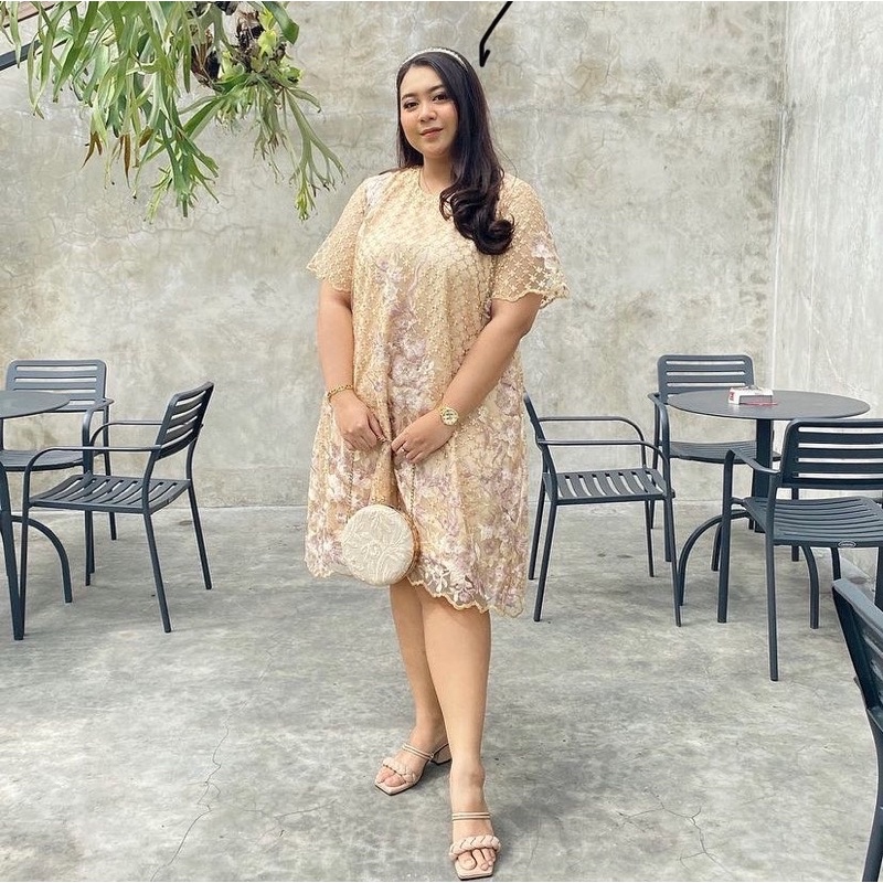 CANCANOLSHOP NAMI 3D DRESS GOLD LILAC BAJU FORMAL PESTA BIGSIZE JUMBO XL XXL XXXL XXXXL FREE ONGKIR