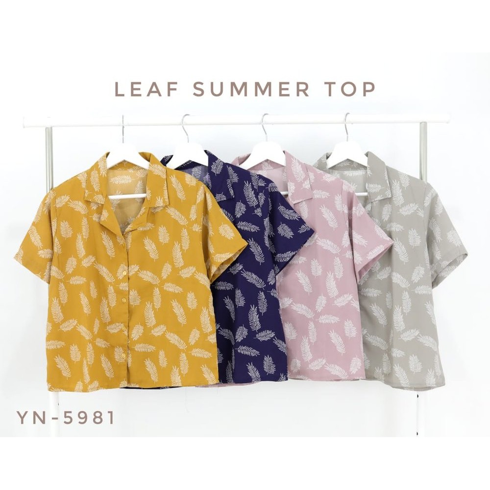 LEAF SUMMER TOP ATASAN KEMEJA WANITA MOTIF DAUN LENGAN PENDEK YN5981
