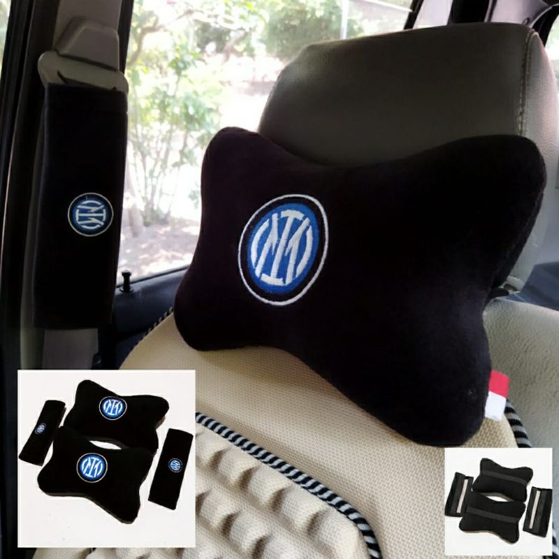 bantal mobil Headrest bordir inter Milan/bantal 1 set 2in1 sandaran kepala leher jok mobil biru