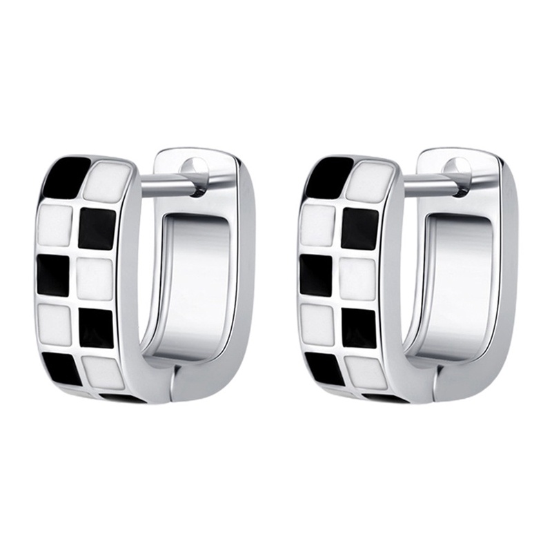 Anting Tusuk Sterling Silver 925 Simple Motif Kotak-Kotak Hitam Putih Untuk Wanita