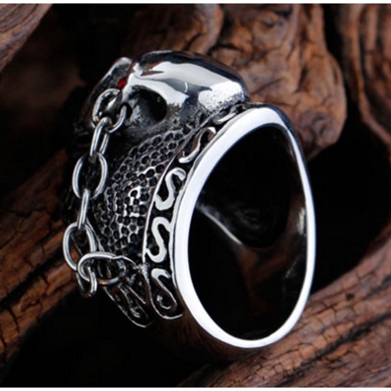 SEUSUK  Vintage Fashion Punk Red Eyed Chain Chain Ghost Head Domineering Ring Retro COD