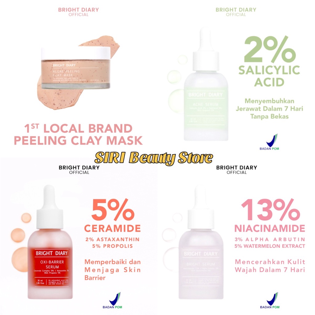 ALL PRODUK Bright Diary Serum & Clay Mask (GLASS SKIN/ ANTI AGING/ DEEP HYDRATION/ ACNE SERUM SALICY