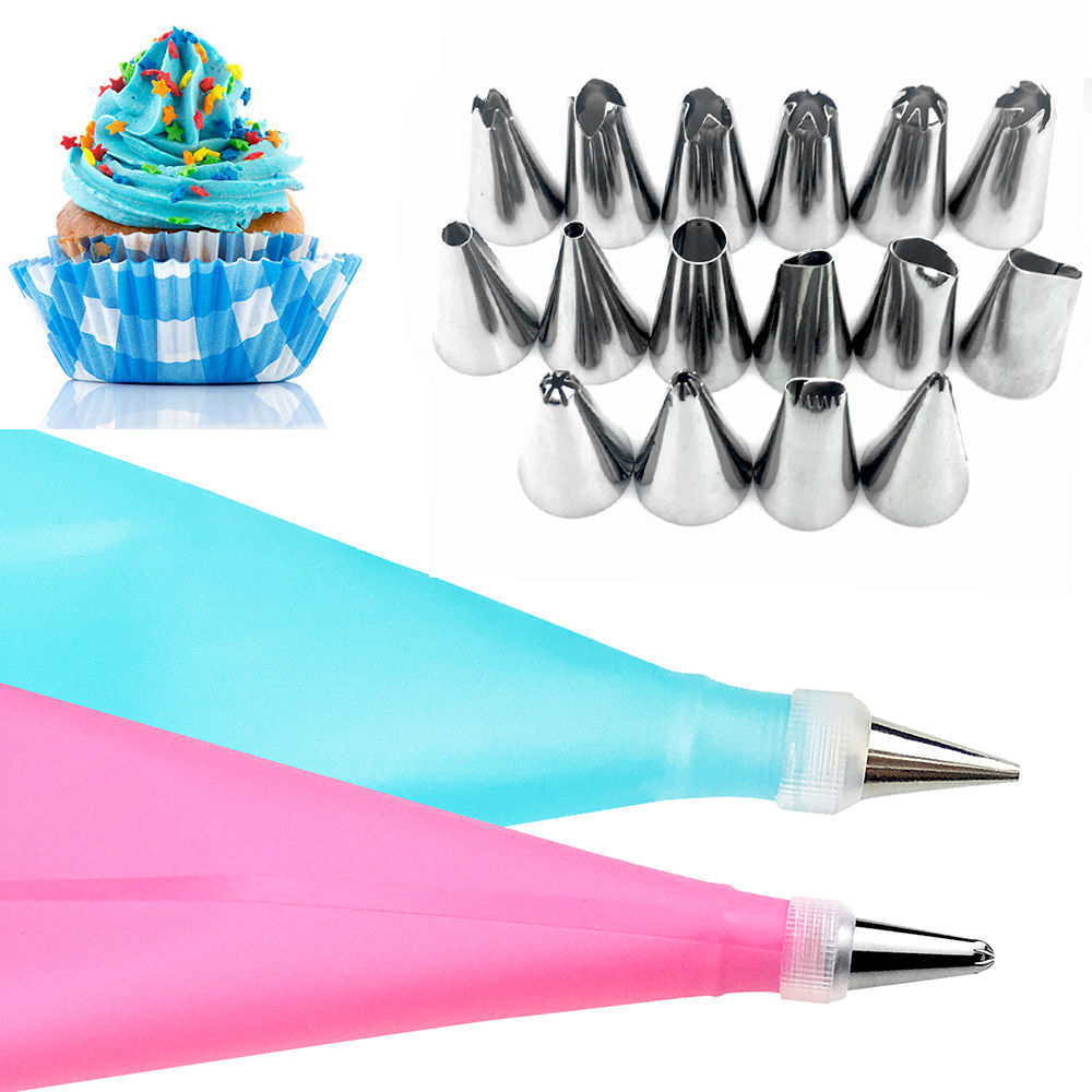 14Pcs/Set  Silicone Icing Piping Cream Pastry Bag With Stainless Steel Nozzle DIY Cake Decorating Tips Set / Reusable Pastry Bags Nozzle