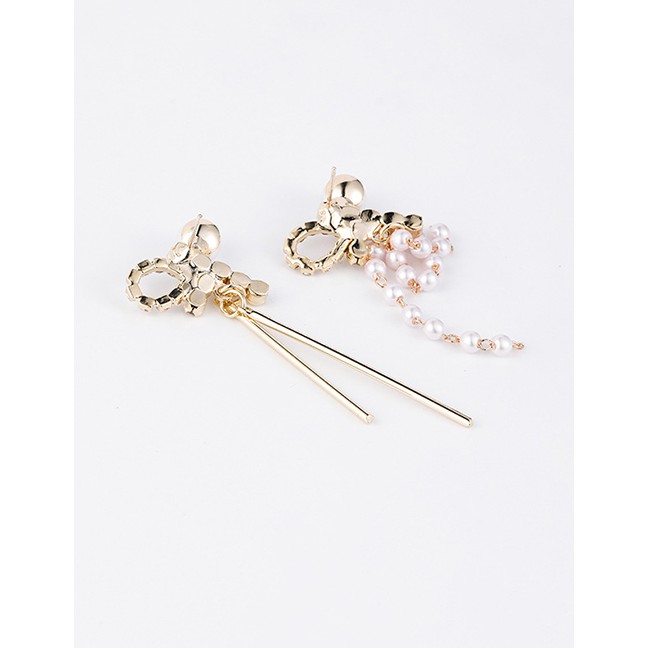 LRC Anting Tusuk Fashion Golden 925 Silver Pin Rhinestone Bow With Pearl Fringed Earrings