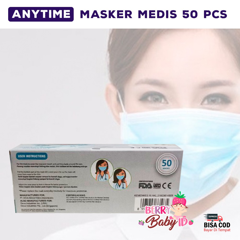 Anytime Masker Medis Isi 50 Face Mask Earloop Multifungsi 3 Ply Berry Mart