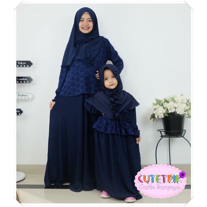 Set-Family-Muslim-Busana- Gamis Dewasa Brukat Navy/Baju Muslim Dewasa Couple Cutetrik -Busana-