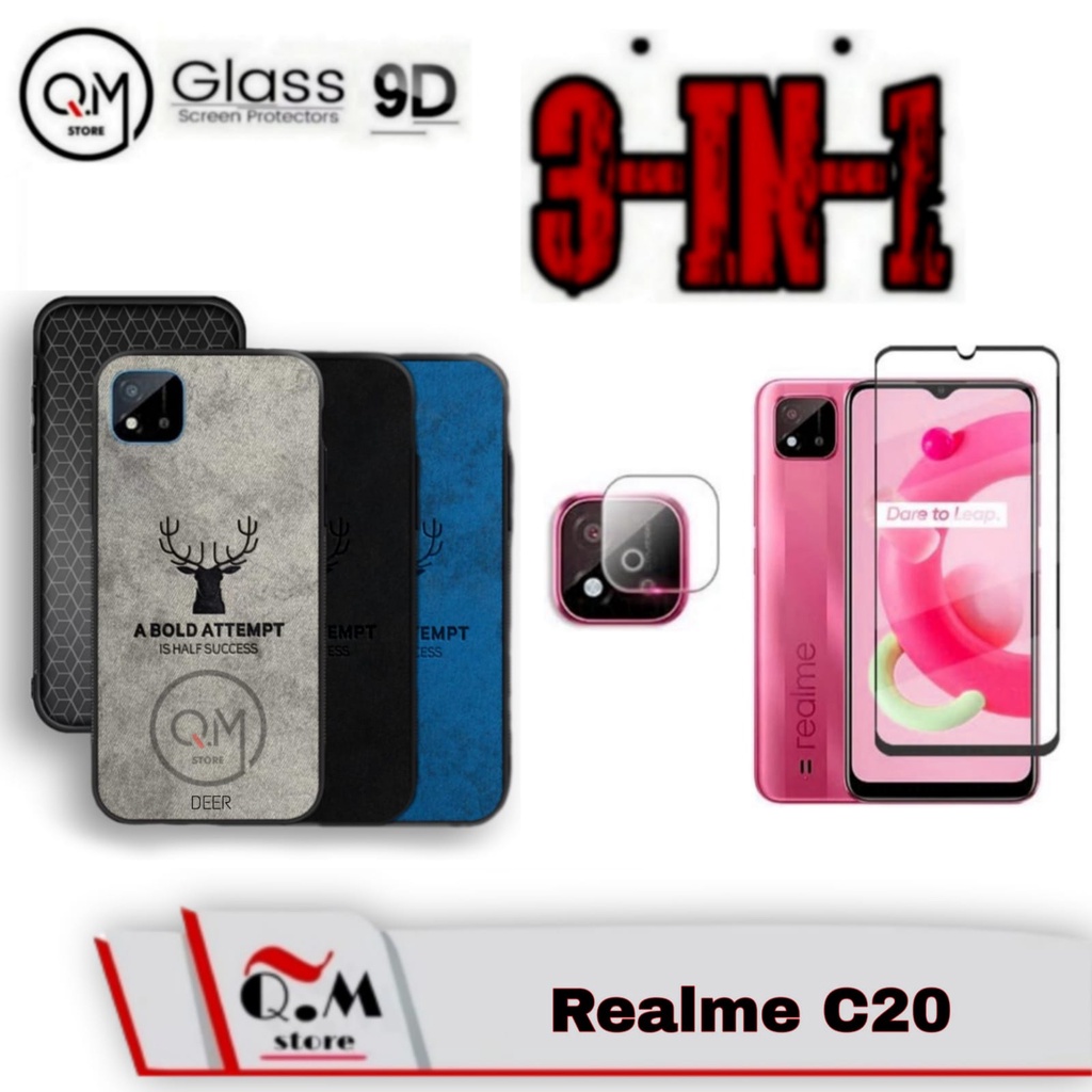 PAKET 3IN1 Case Deer Realme C20 Softcase DEER Silicone TPU Free Tempered Glass Plus Lensa Camera