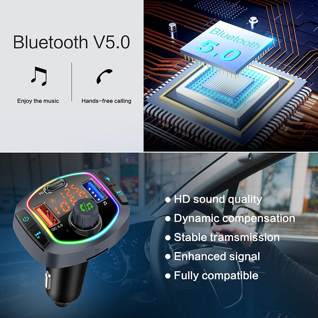 BC63 - Bluetooth Hands-free Car Charger 2 USB Port and 1 USB-C PD Port