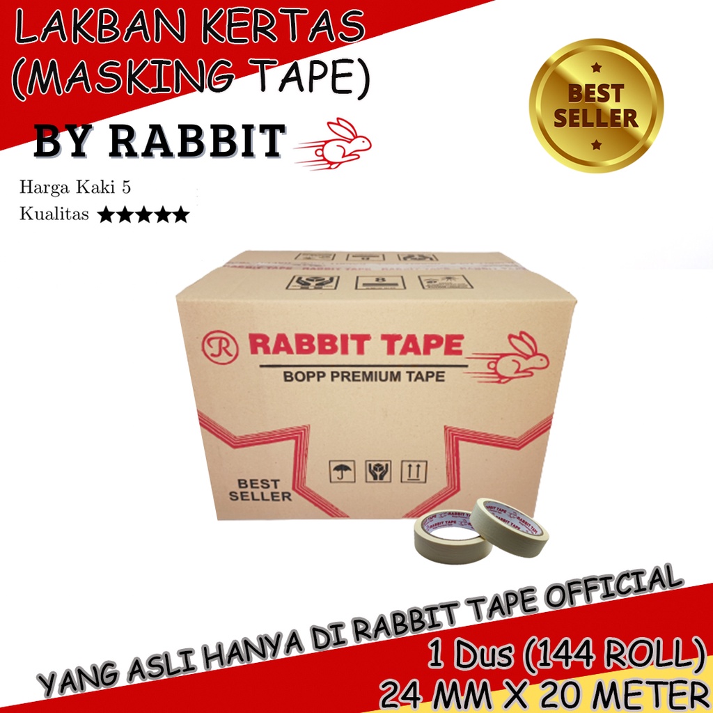 

Masking Tape 24mm x 20 Meter / Lakban Kertas RABBIT TAPE 1 inch x 20 Meter (1 DUS)