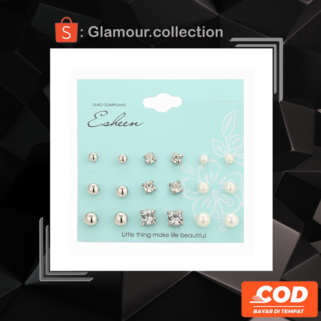 [COD] Anting Tusuk Telinga Permata &amp; Mutiara Model Korea Silver isi 9 Pasang 3 Ukuran 3 Model