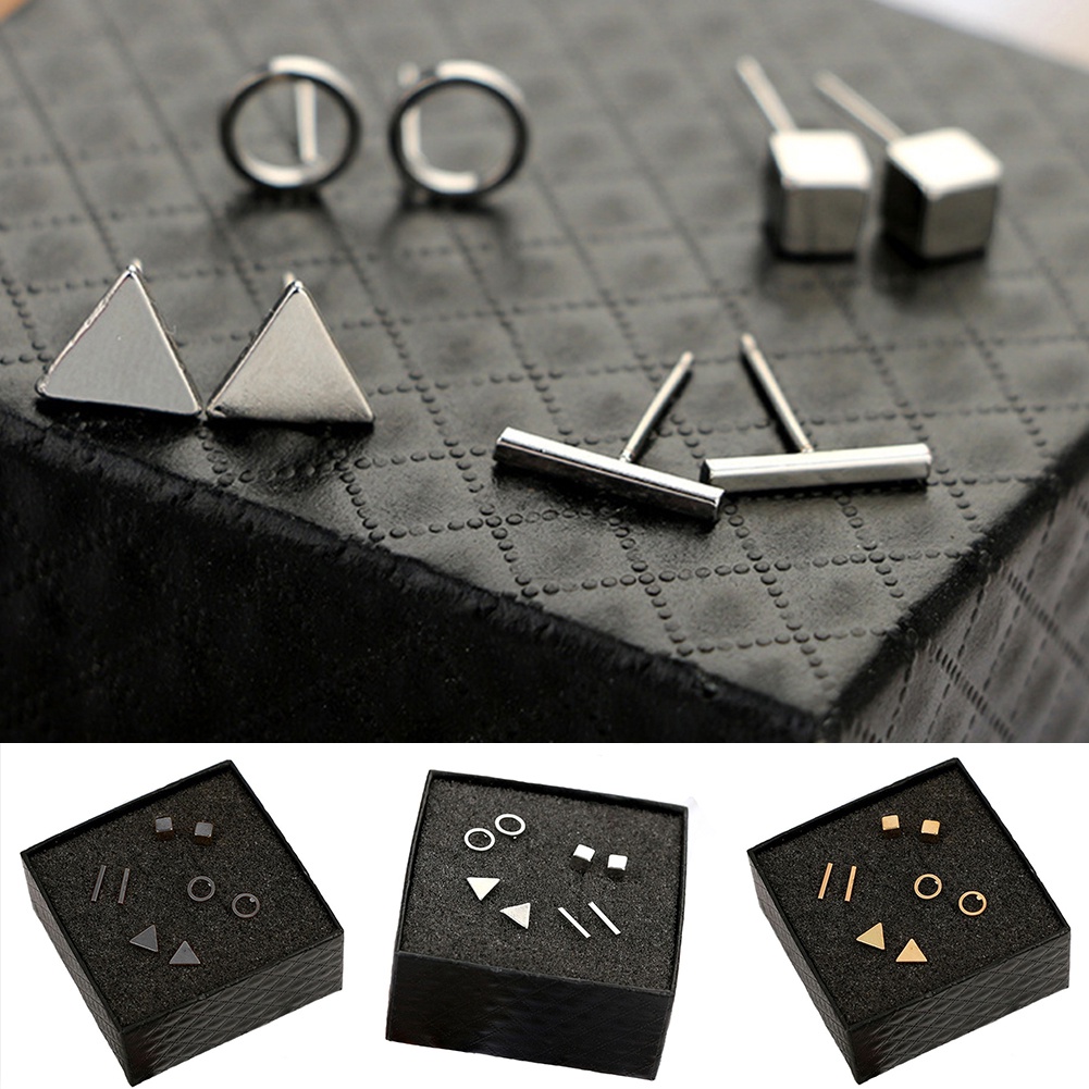 Hu Hu Hu Hu Hu Alat Bantu Pasang Kacamata♡ 4 Pasang Anting Tusuk Bentuk Geometri Bulat / Persegi / Segitiga Untuk Wanita