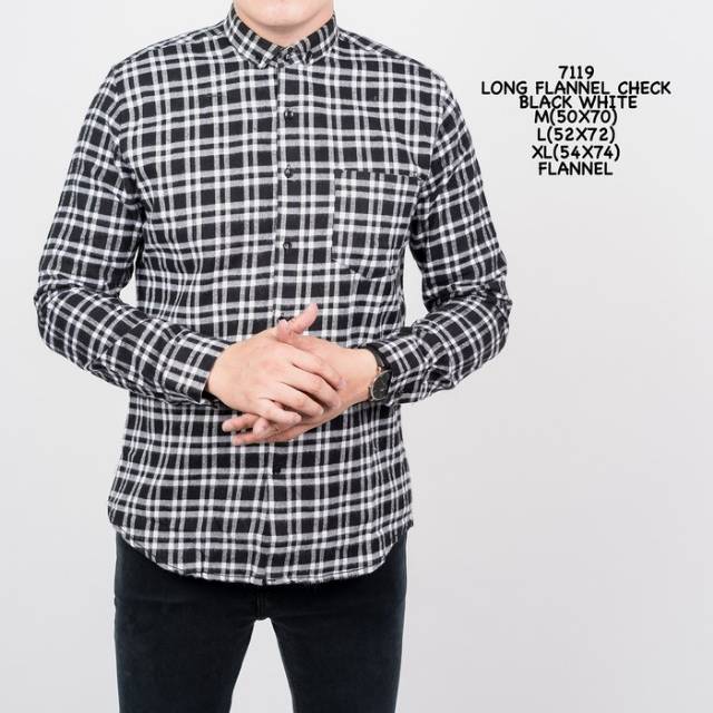 YB KEMEJA FLANEL MOTIK KOTAK HITAM PUTIH LENGAN PANJANG PRIA SLIM FIT LONG SLEEVE 7119