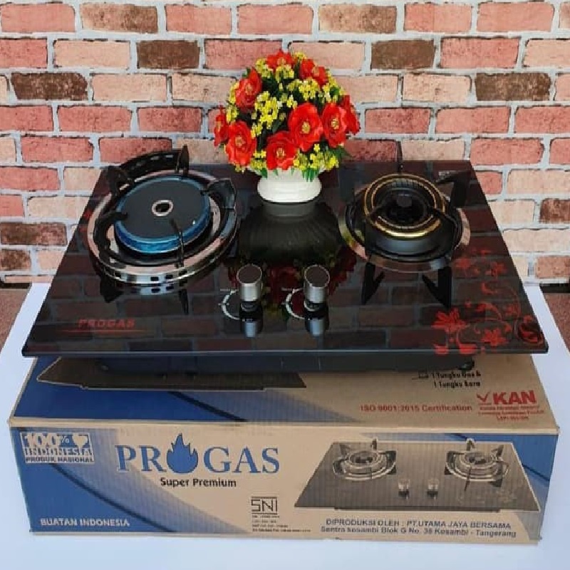 Progas kompor gas 2 tungku , Infrared , Mix Bara, tanam kaca anti pecah