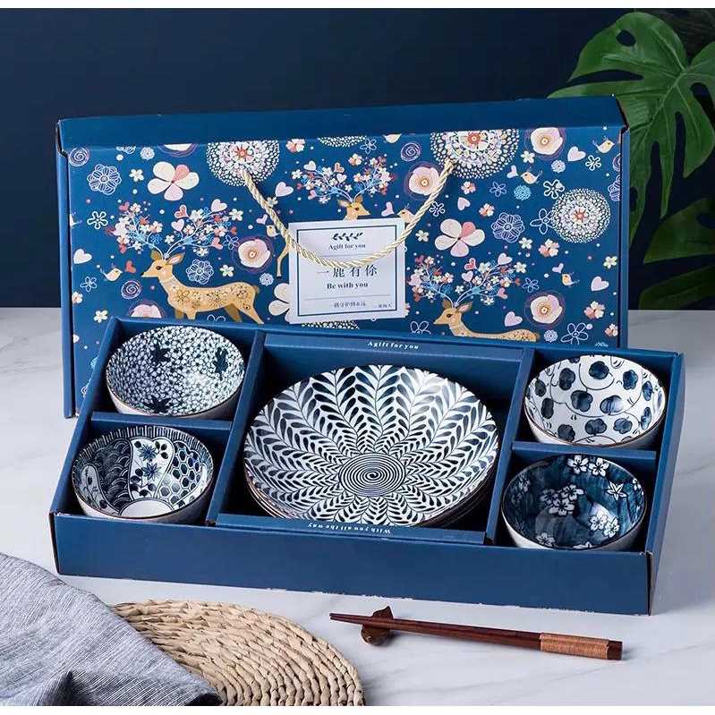 gift box set 4pcs ceramic bowl and 2pcs plate classic / paket set hampers piring mangkok makan keramik 4 + 2