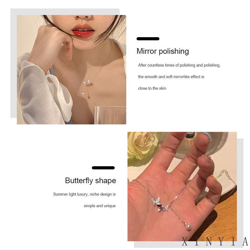 【COD】mode Korea Kalung Rantai Choker Liontin Kupu-Kupu Kristal Mutiara Warna Silver Untuk Wanita Kalung Rantai Klavikula