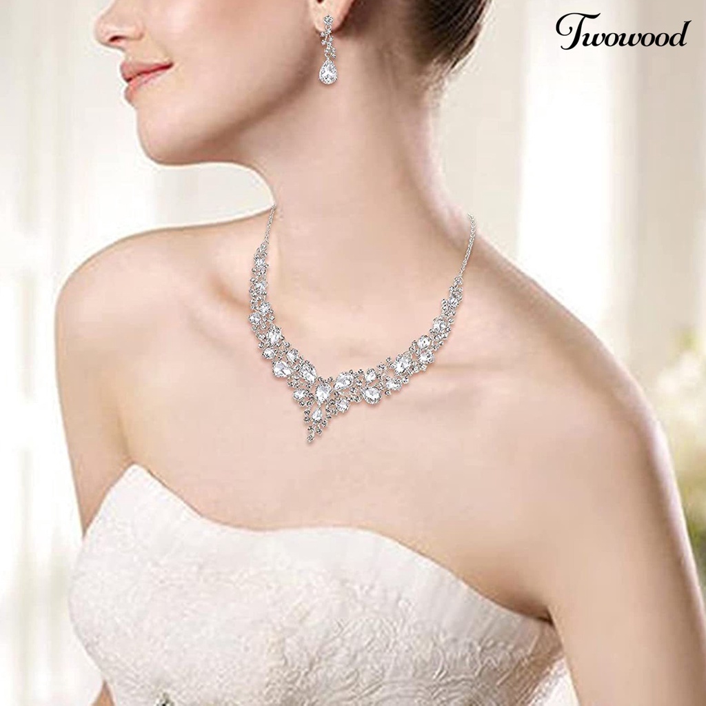 Twowood Alloy Wedding Jewelry Set Hollow Out Lightweight Shiny Rhinestone Necklace Earring Set for Banquet