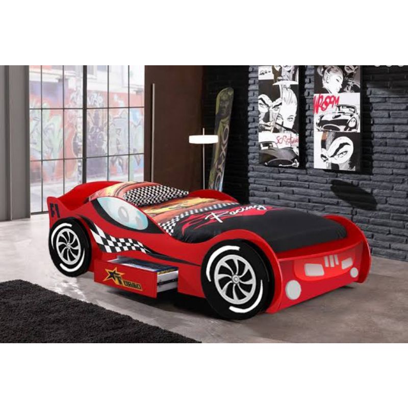 Ranjang Anak Mobil Bedcar Sporty Merah, Tempat Tidur Anak Mobil 1 Laci Ukuran Kasur Single