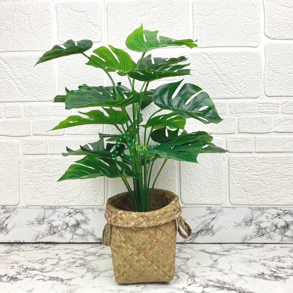 Pohon Daun Monstera Tapak Gajah X18 Semi Latex Artificial Anyaman Purun Dekorasi