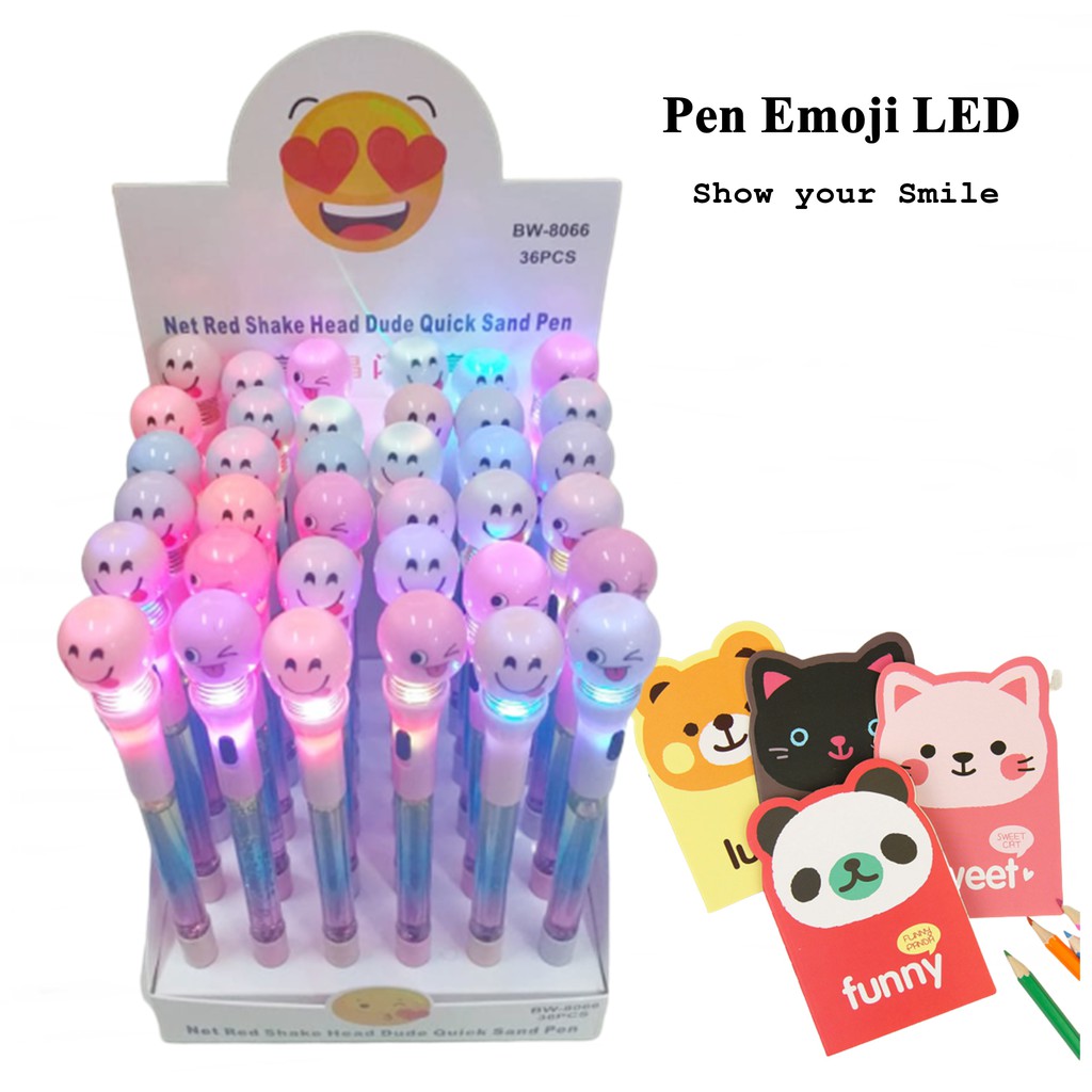 

Pulpen Emoji LED dan Non LED Gliter Pena Pulpen Karakter Emotion Goyang Bouncing Spring Doll