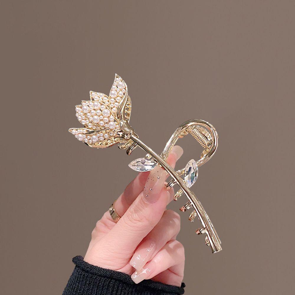 Agustina Wanita Cakar Rambut Trendi Elegan Mutiara Jepit Rambut Lotus Zirkon Hiu Klip