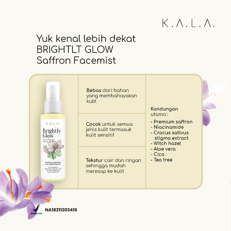 BRIGHTLY GLOW SAFFRON FACEMIST BY K.A.L.A WITH NIACINAMIDE + CENTELLA ASIATICA
