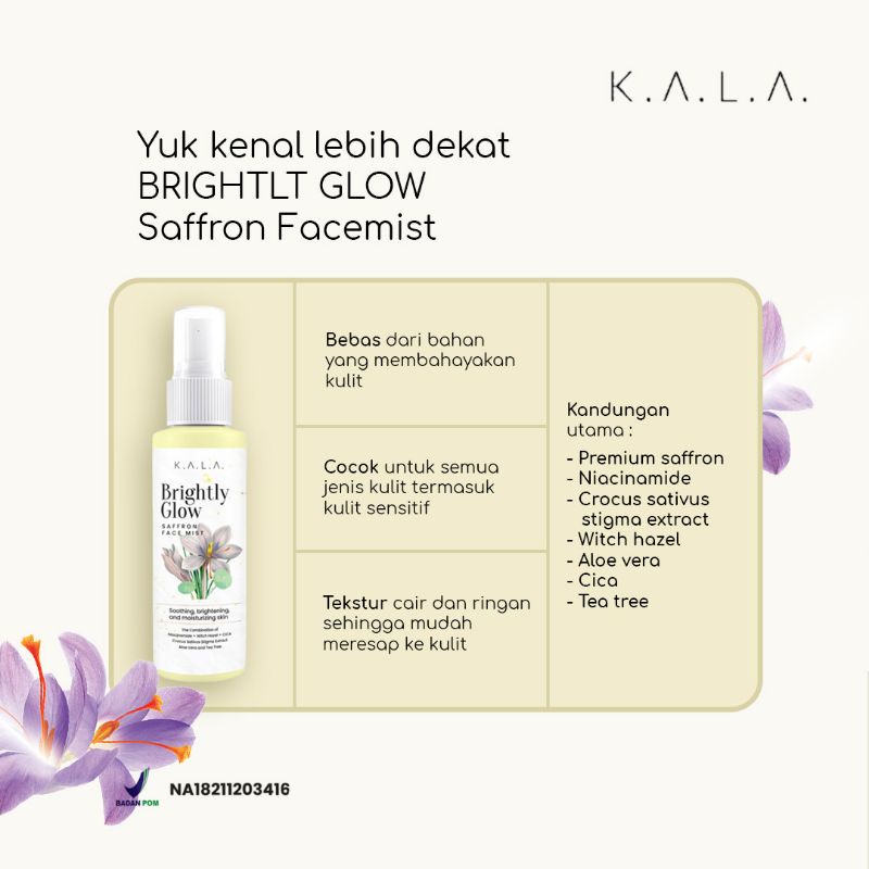 [DIST RESMI KAB BANDUNG] BRIGHTLY GLOW SAFFRON FACEMIST BY K.A.L.A WITH NIACINAMIDE + SAFFRON + AIR ZAM ZAM