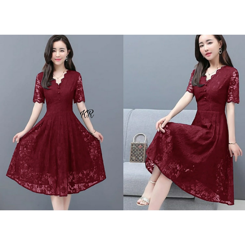 2 UKURAN M L XL DRESS WANITA BRUKAT GAUN CEWEK MOTIF BROKAT PESTA DRES WANITA SELUTUT ATASAN GAUN CE
