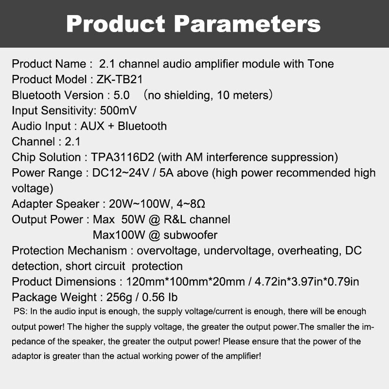 Bluetooth Audio Receiver 5.0 Digital Amplifier Board 50W x 2 + 100W TPA3116D2 - ZK-TB21 - Black