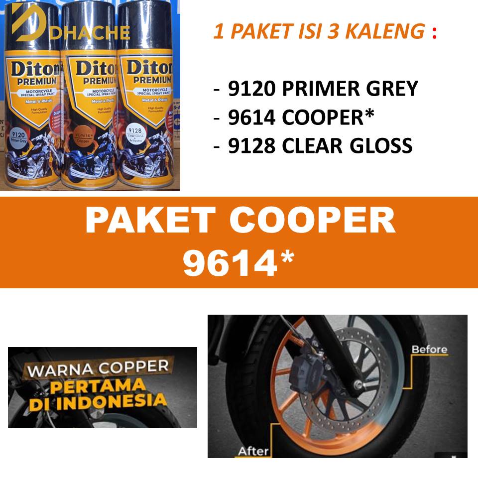 Paket Lengkap Cat Pilox DITON PREMIUM Velg Warna Copper Tembaga 9614 VG Mesin Bodi Sepeda Motor Mobil