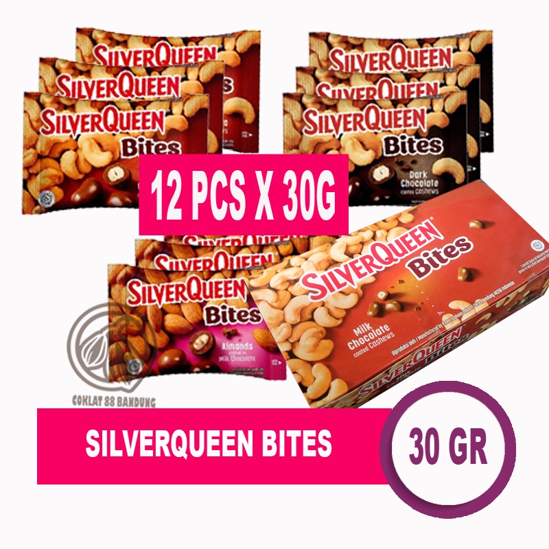 

RK60 SILVERQUEEN BITES 1 BOX ISI 12 PCS ALMOND MEDE DARK 30GR, SILVER QUEEN BITES CASHEW 12 X 30 GR