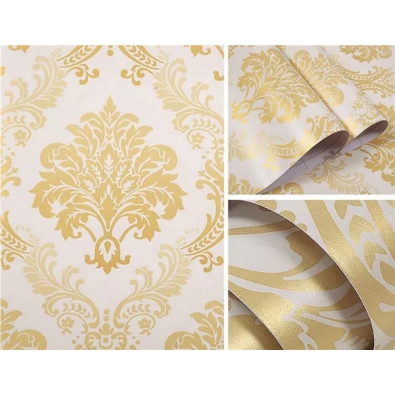 WALLPAPER DINDING MOTIF BATIK GOLD DASAR PUTIH 10m x 45cm