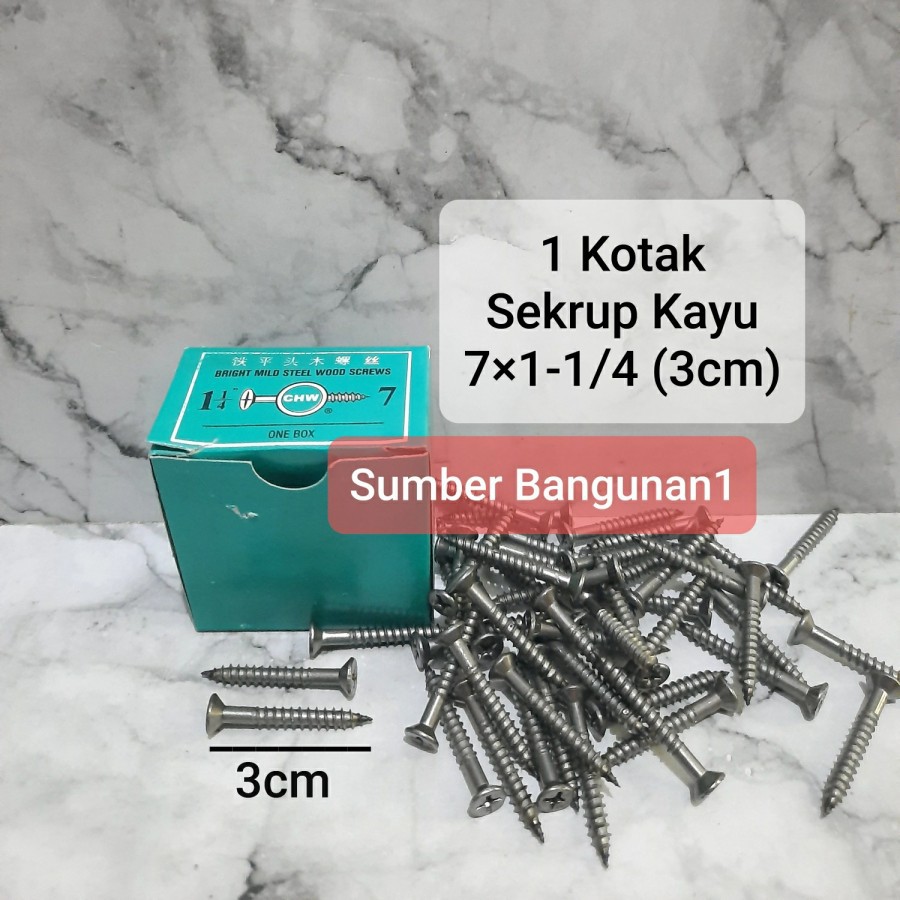 Sekrup kayu 7 x 1-1/4 (1 kotak) 3cm skrup kepala rata 3 cm