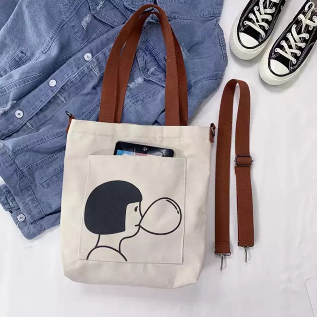 Twenty Bag - Tas Tote Bag Wanita Resleting Terbaru 2022 Aesthetic Kekinian Motif Carakter Korea Style Multifungsi