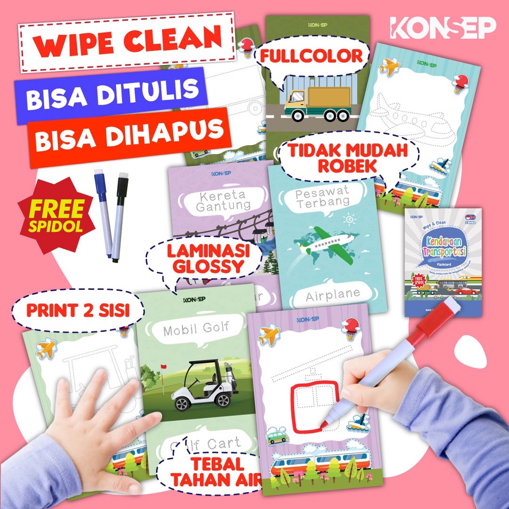 [FREE SPIDOL] Konsep Flashcard Wipe and Clean Kendaraan Transportasi / Flash Card / Mainan Edukasi