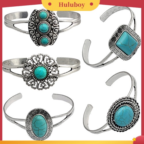 Hu Hu Hu Hu Hu Alat Bantu Pasang Kacamata♡ Gelang Model Terbuka Desain Geometri Hias Turquoise Gaya Retro Untuk Wanita