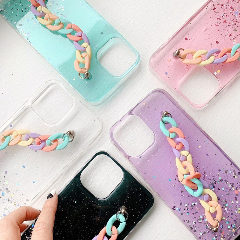 Glitter Case with Chain Pastel Oppo A15s Reno 5 5F 4 4F 3 8 8Z 8 PRO 7 6 A57 A16 A12 A15