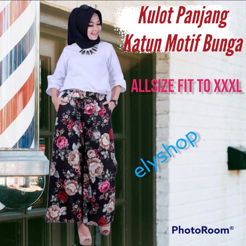 Celana kulot panjang wanita katun motif bunga jumbo
