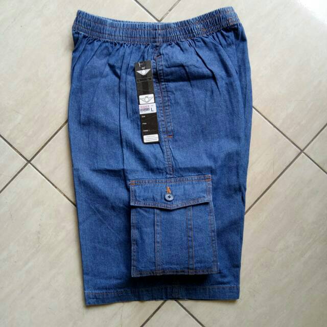 celana pendek cargo pinggang karet jeans 3/4 pria