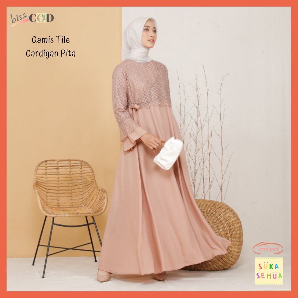 Gamis Tile Pita - Milenka // Baju Muslim Long Dress Rompi Pendek Brukat Tille untuk Kondangan Kekini