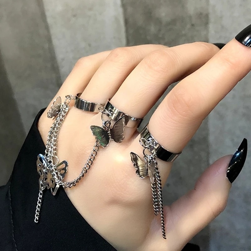 [Fashion Vintage Punk Butterfly Chain Adjustable Rings For Women] [ Elegant Ladies Smooth Fine Thin Finger Ring] [Lovely Jewelry Gifts For Girl Friends]