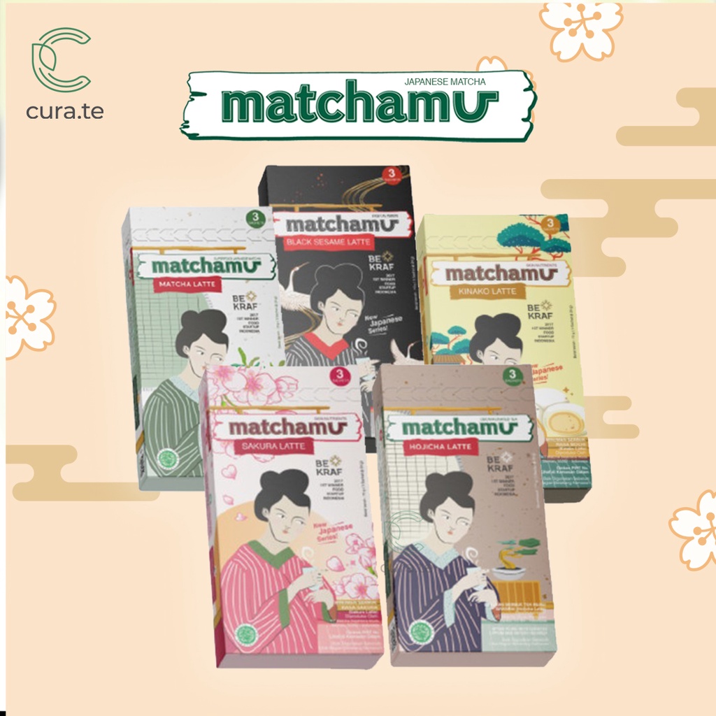 MATCHAMU  LATTE SACHET BOX 24GR | MATCHA KINAKO SAKURA BLACK SESAME HOJICHA LATTE