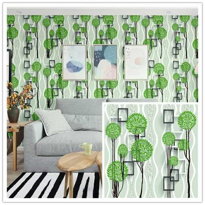 Wallpaper Dinding Motif Daun Hijau 3D Kotak