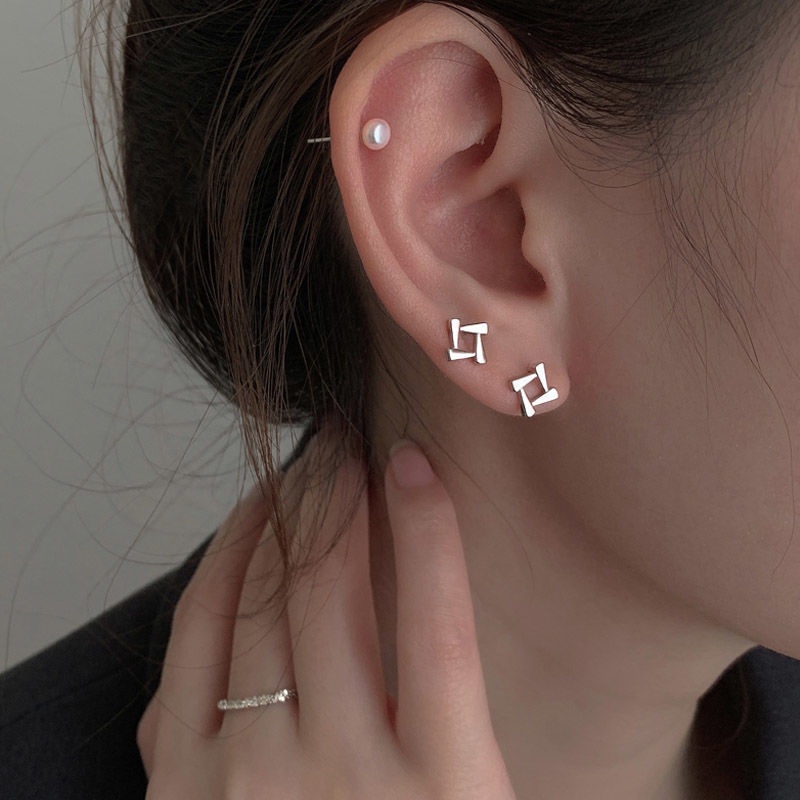 Papaozhu Chic s925 Perak Geometris Segitiga Square Stud Earrings Untuk Wanita Perempuan Korea Fashion Earring Perhiasan