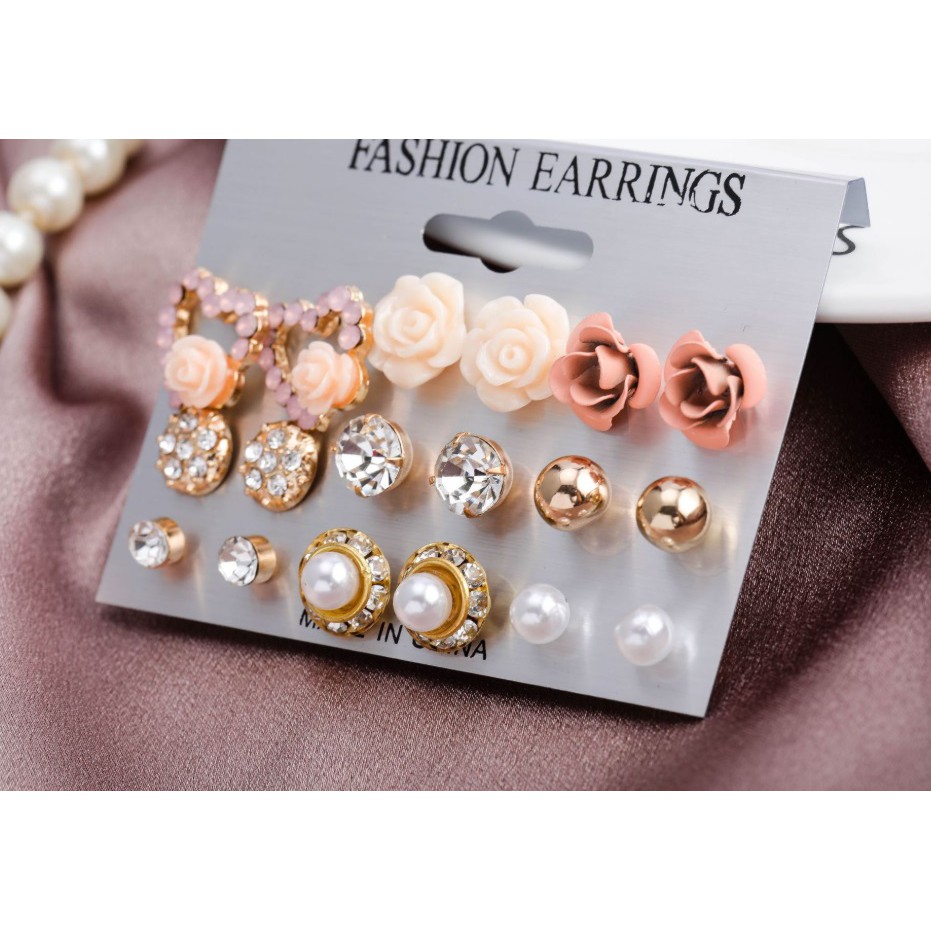 9 Pasang Set Anting Tusuk Wanita Mutiara Bunga Hati Stud Aksesoris Fashion Wanita womens Earring