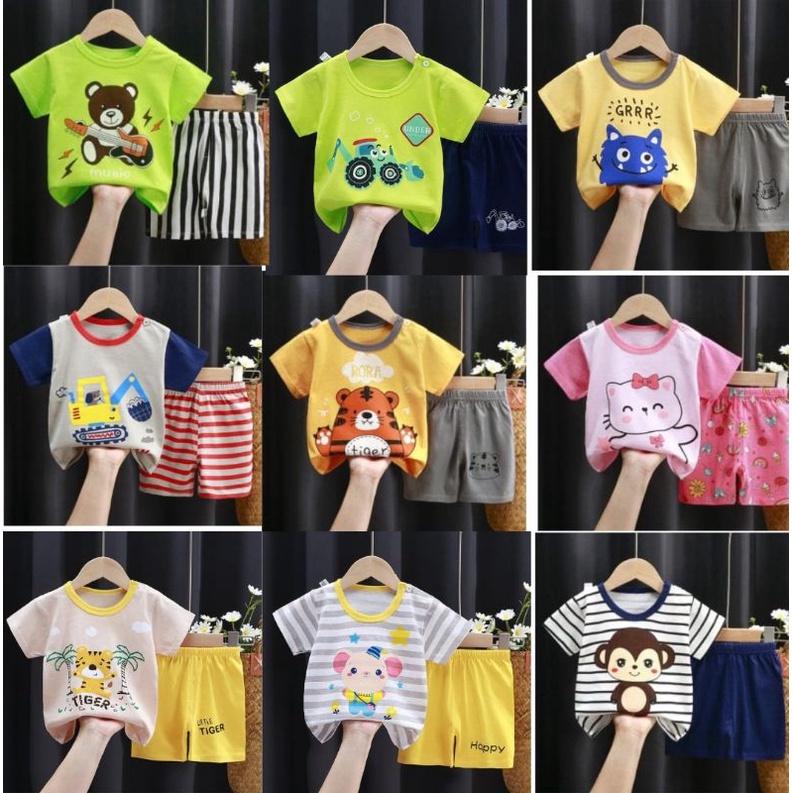 AIMEE CO setelan pendek baju bayi anak set piyama baju tidur lucu karakter hewan adem halus lembut k